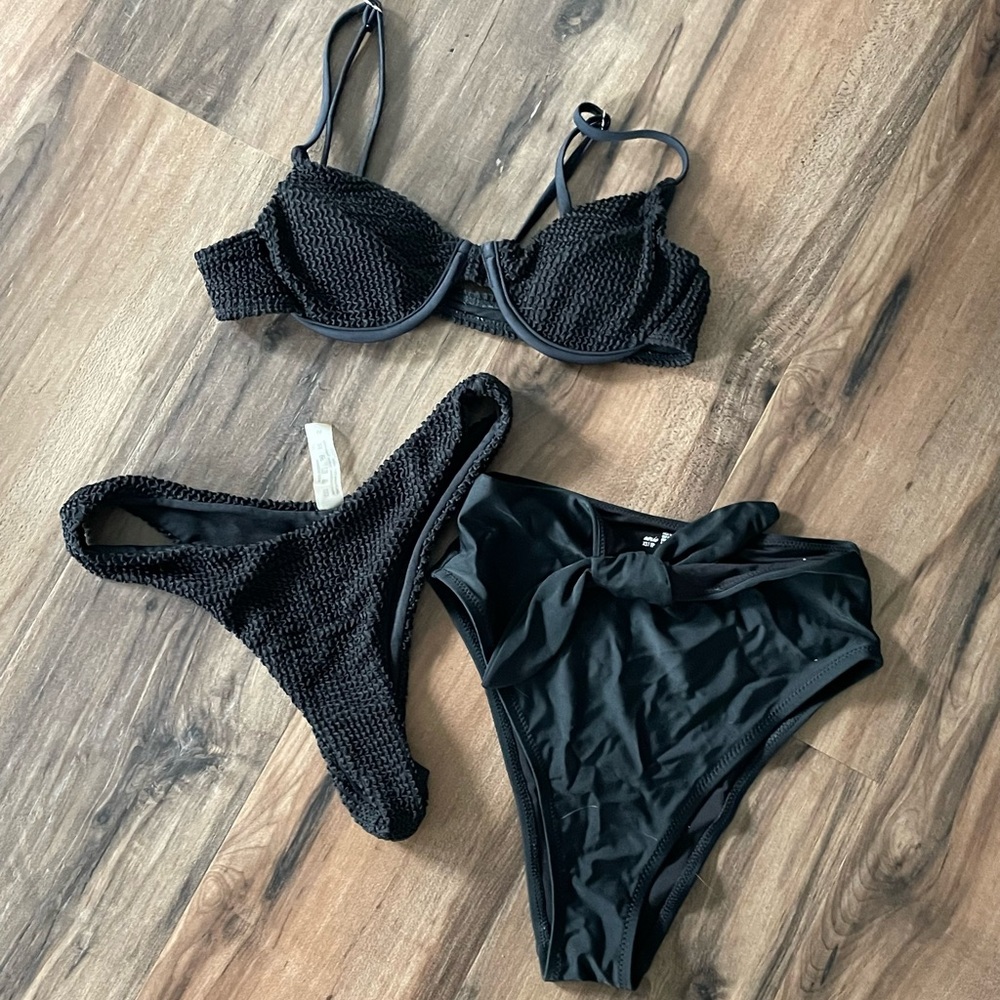 Black Textured Bikini Set + bonus bottom piece (3 total pieces)